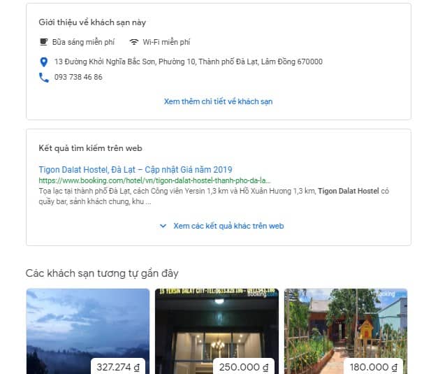 tính năng khách sạn với các mục con trên google travel